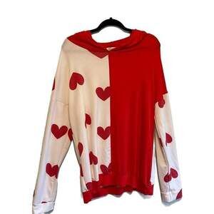 Red and White Split Heart Print Hooded Tshirt Women's Size L Great for Valentine